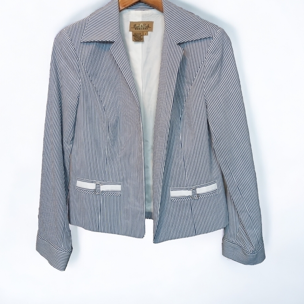 Peck & Peck Weekend Blue White Pinstripe Open Blazer Size 6